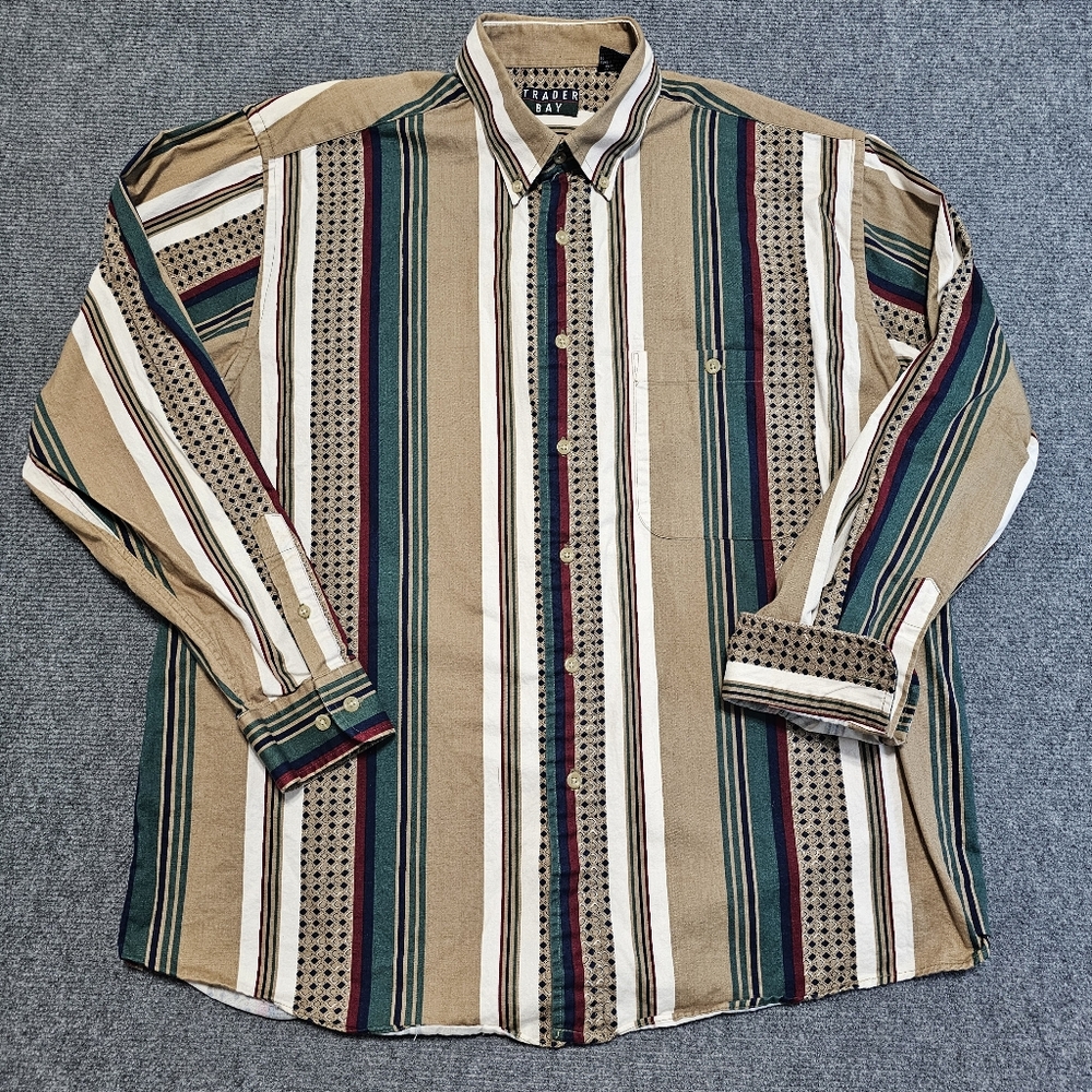 Vintage 90s Trader Bay Mens African Stripe Button Down Shirt Long Sleeve Cotton - Picture 2 of 16